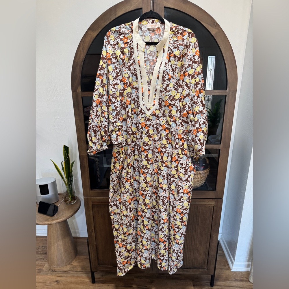 Tory Burch Floral Long Sleeve Maxi Dress in Brown and Cream - Picture 2 of 6